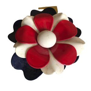 Vintage‎ Flower Pin Metal Patriotic Red Blue and White Petals 3 Inches